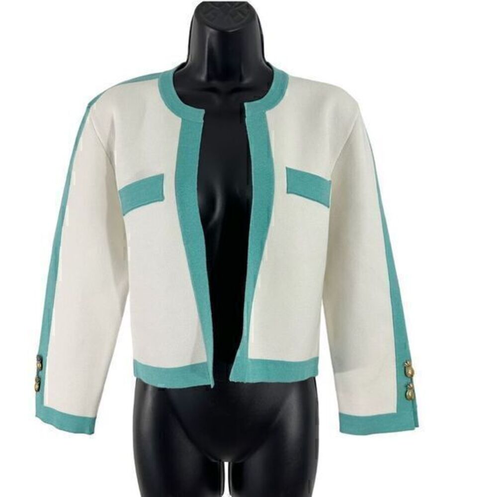 Ronny Kobo Open Front Colorblock Trim Pineapple Knit Blazer Jacket White Teal‎